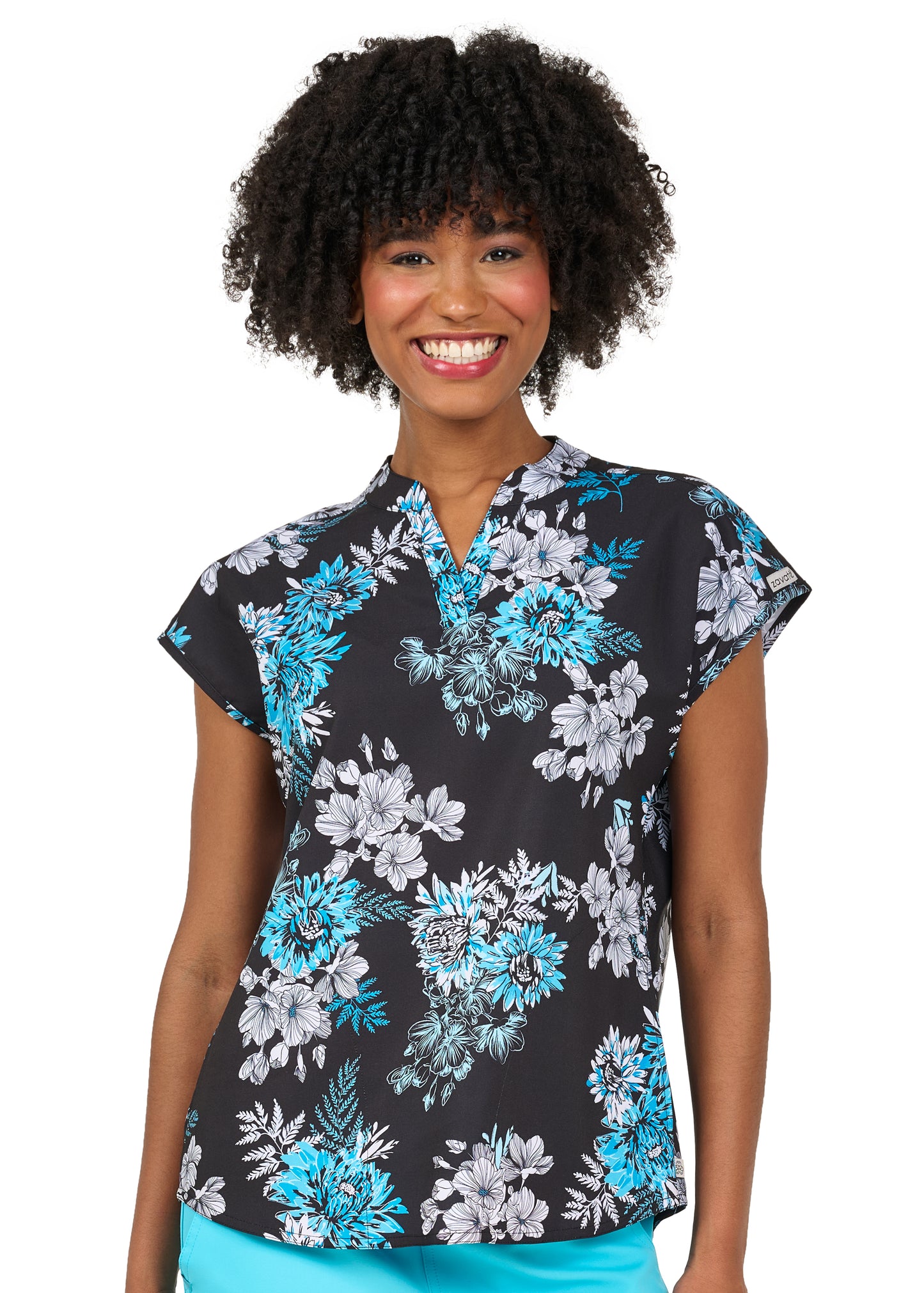 Blooming Turquoise Zavate Diana Print Scrub Mandarin Collar Top 1172 BMTQ