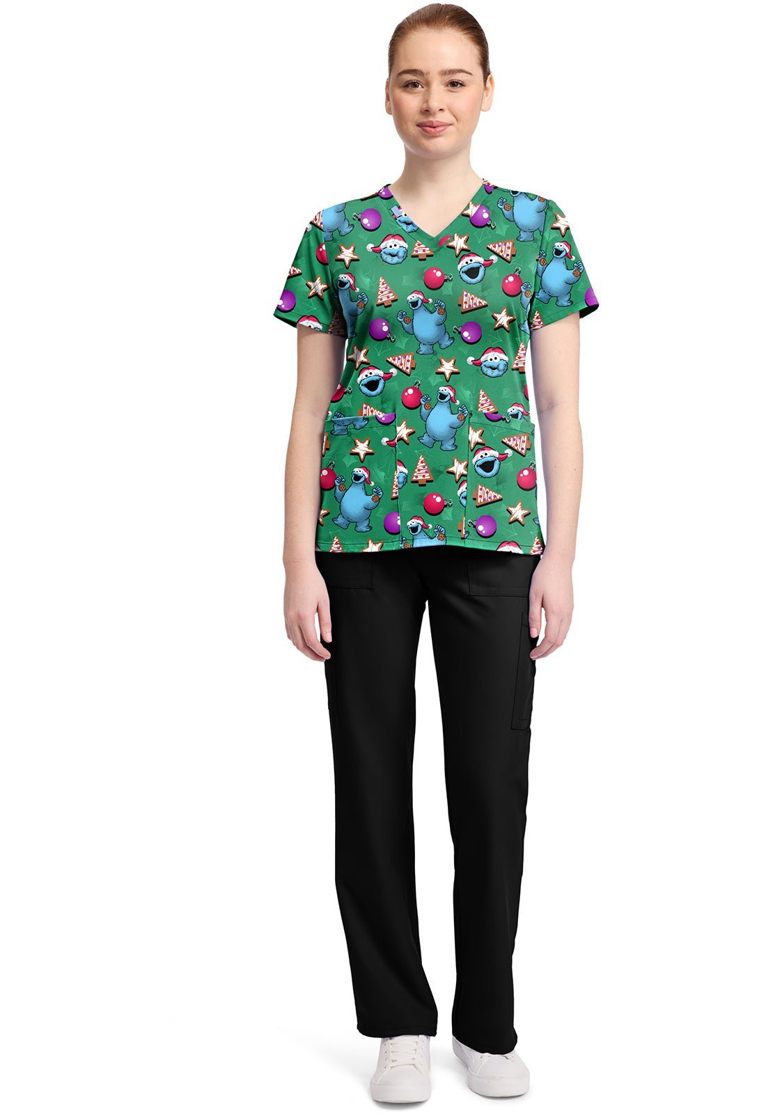 Cookie Monster Tooniforms Licensed Sesame Street Christmas V Neck Scrub Top TF796 SWZC - Scrubs Select