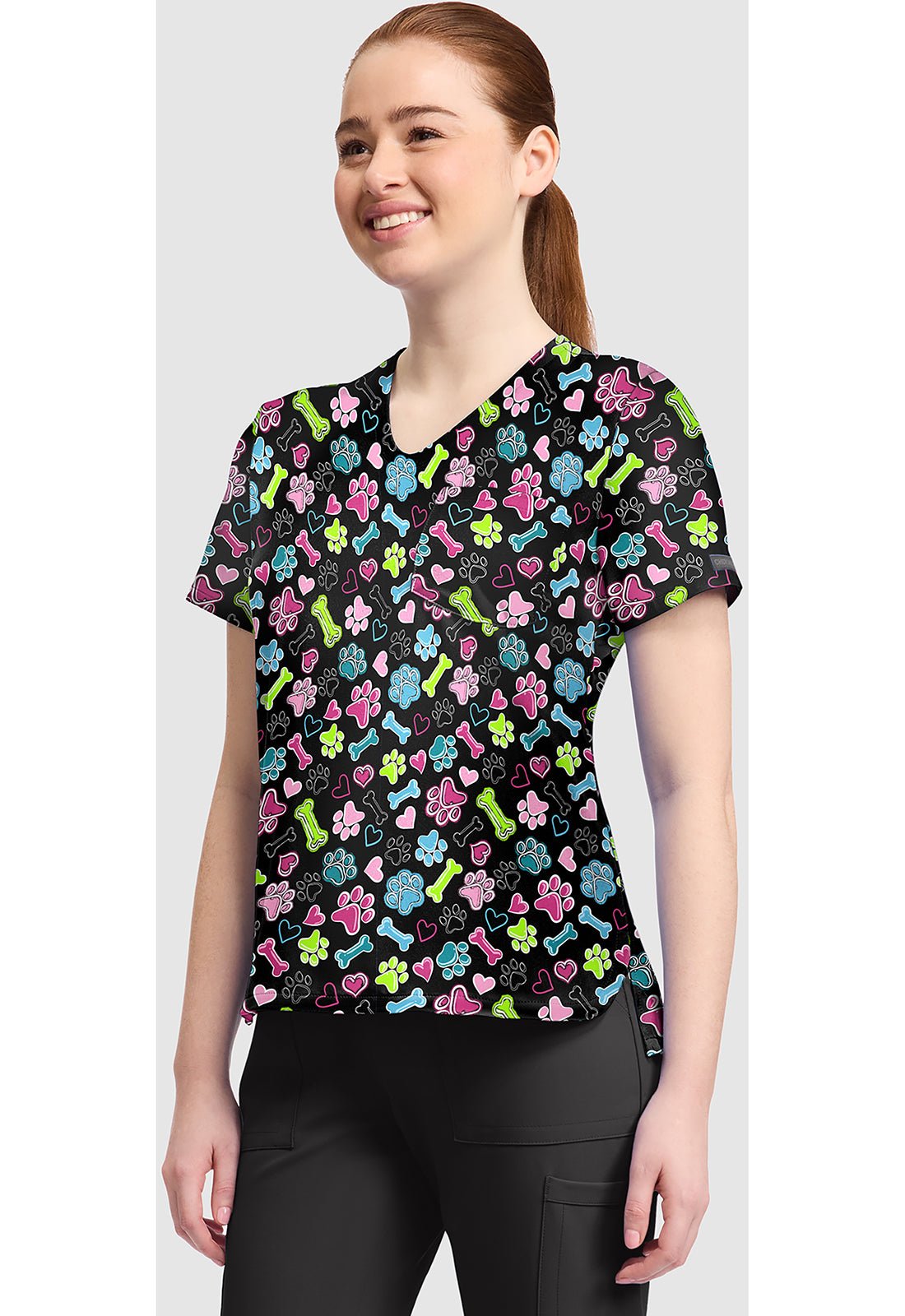 Cherokee CK857 DGDD Doggy Doodle Print V-Neck Scrub Top - Women's