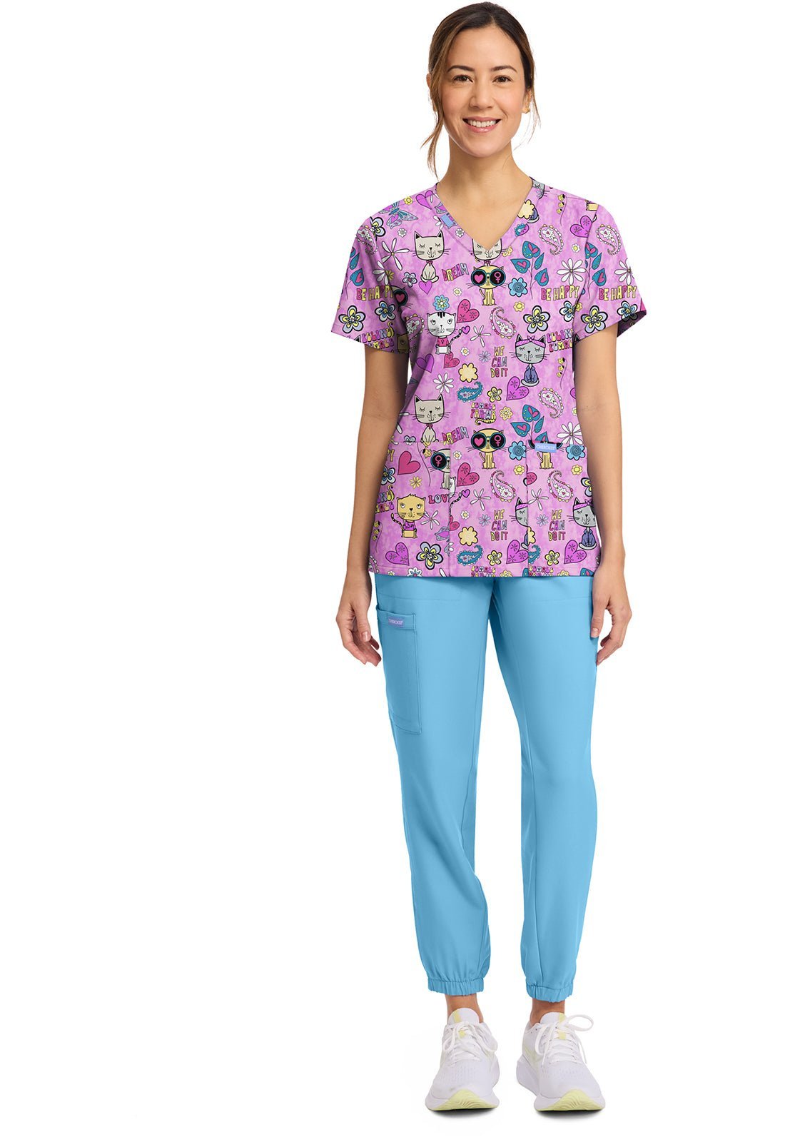 Feline Female Cherokee Scrubs Cat Print V Neck Top CK856 FIFM - Scrubs Select