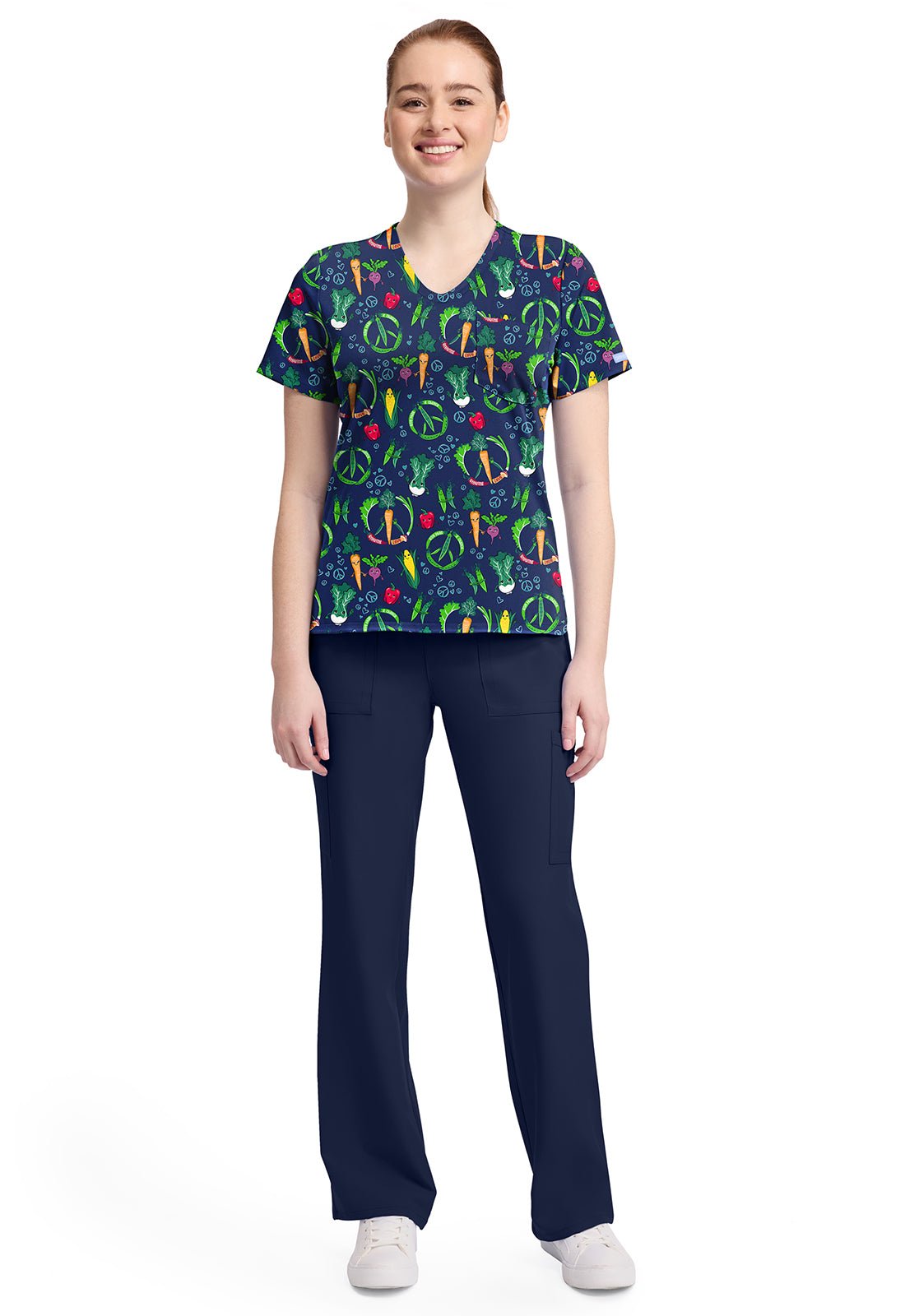 Growing Love Cherokee Vegetable Print V Neck Scrub Top CK857 GRWV - Scrubs Select