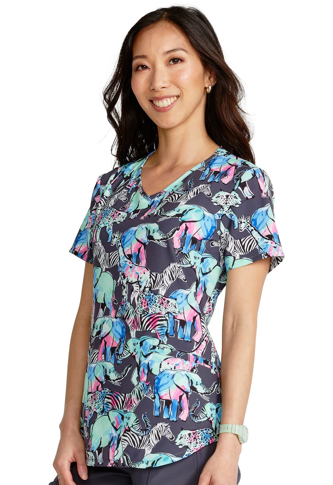 Herd That Cherokee Animal Print V Neck Scrub Top CK637 HETA - Scrubs Select
