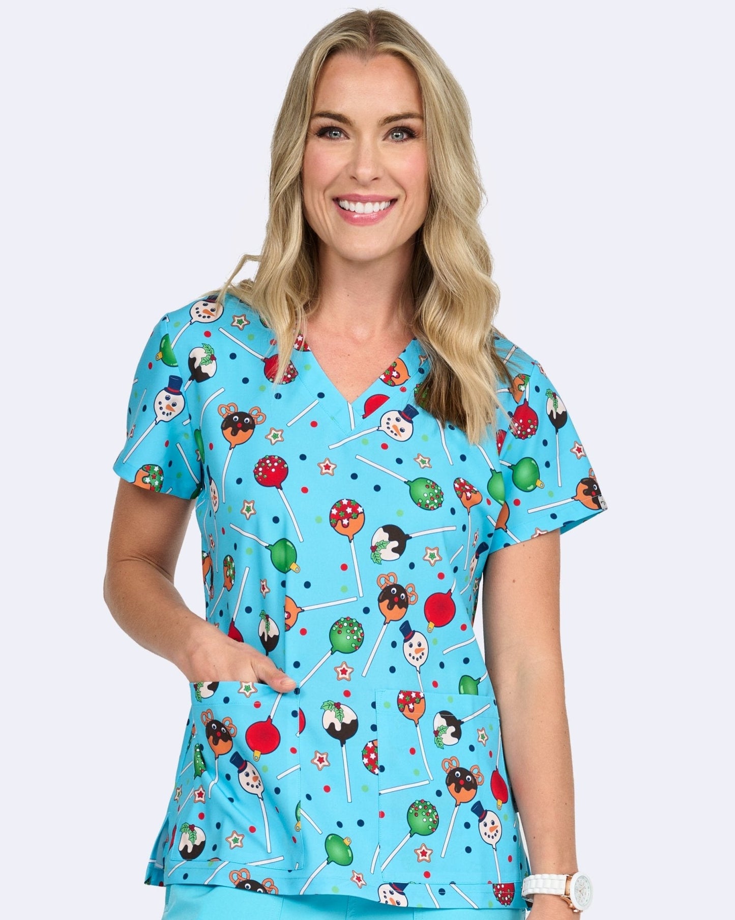 Jolly Cake Pops Zavate Christmas Print Scrubs V Neck Top 1054 JLCP - Scrubs Select