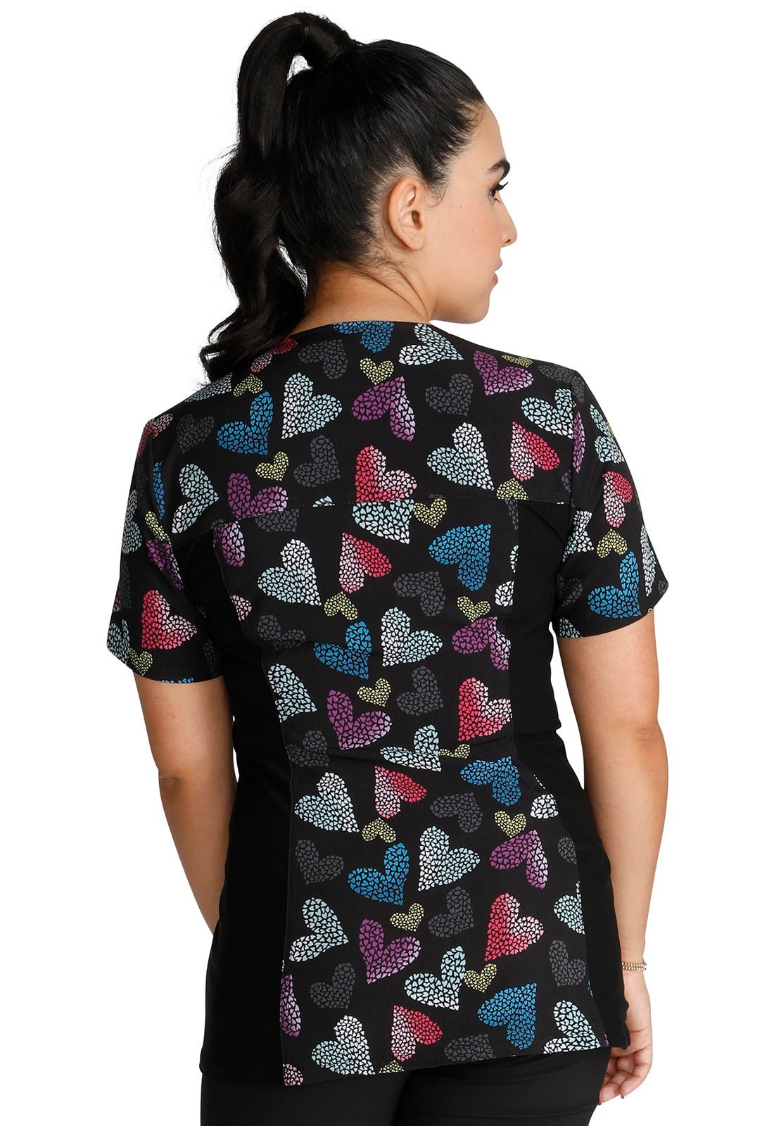 Loving Glow Cherokee iFlex Heart Print V Neck Knit Panel Scrub Top CK636 LVGW - Scrubs Select
