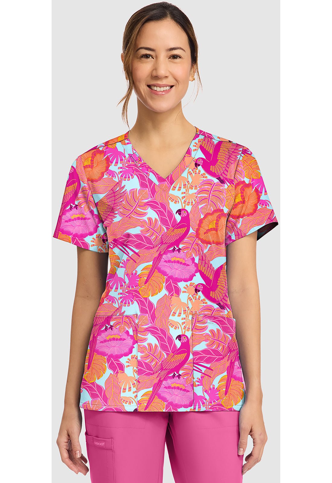 Macaw Mania Cherokee Scrubs Print V Neck Top CK856 MWMA - Scrubs Select