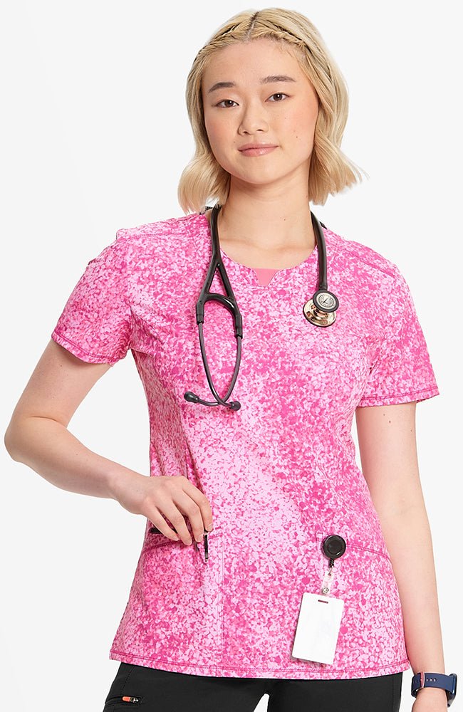 Cherokee Infinity Floral Print V Neck Scrub Top Medical Uniform Pebble Power