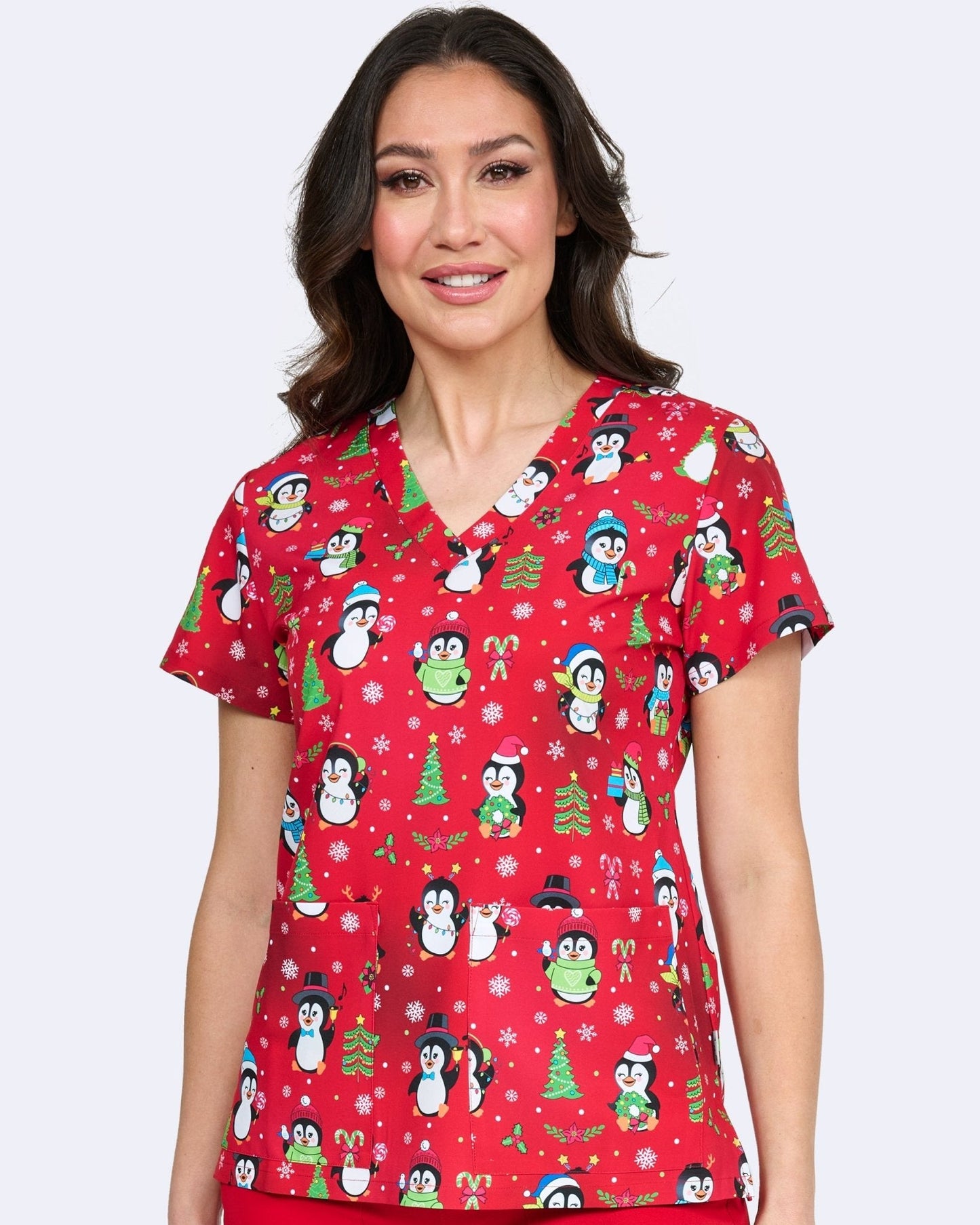 Penguin Cheer Zavate Christmas Print Scrubs V Neck Top 1054 PNCH - Scrubs Select