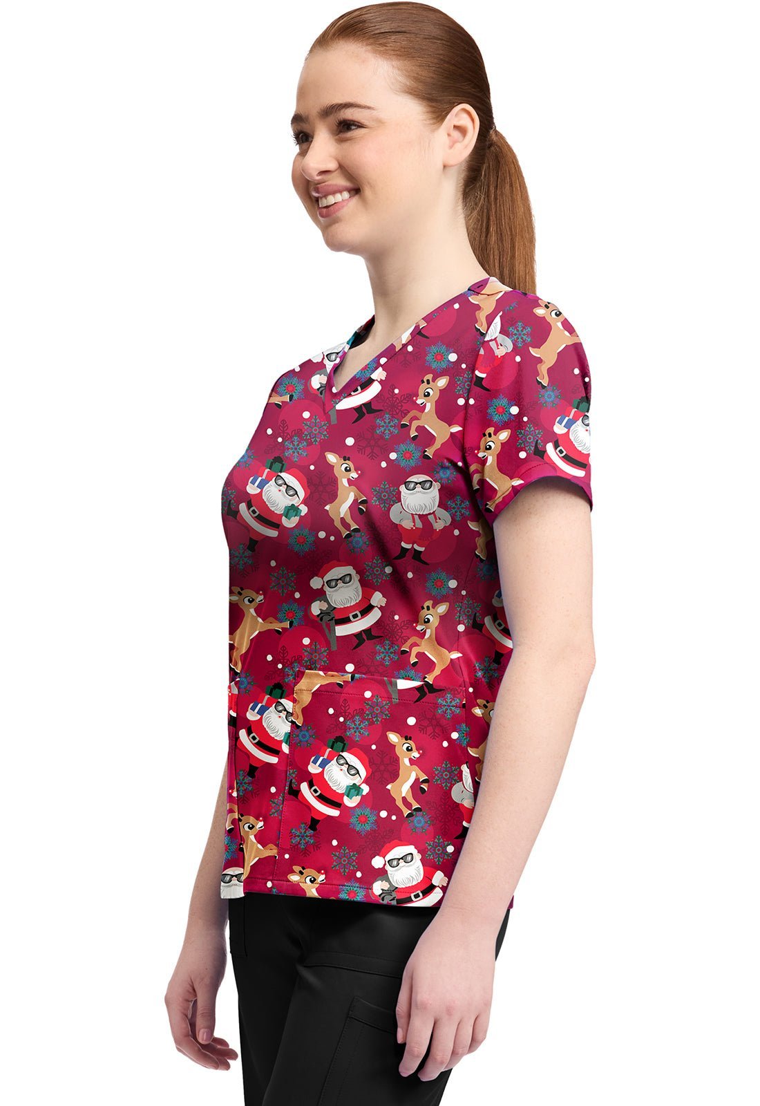 Rudolph Santa Tooniforms Licensed Christmas V Neck Scrub Top TF796 RUFB - Scrubs Select