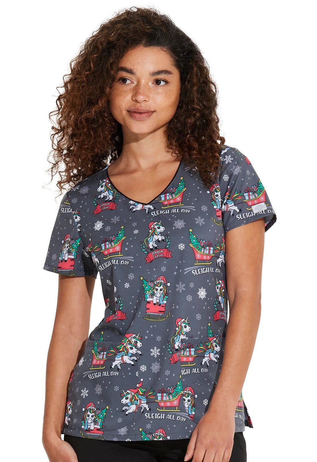 Sleigh All Day Magic Dickies EDS Christmas Unicorn Print V Neck Scrub Top DK852 SGDM - Scrubs Select