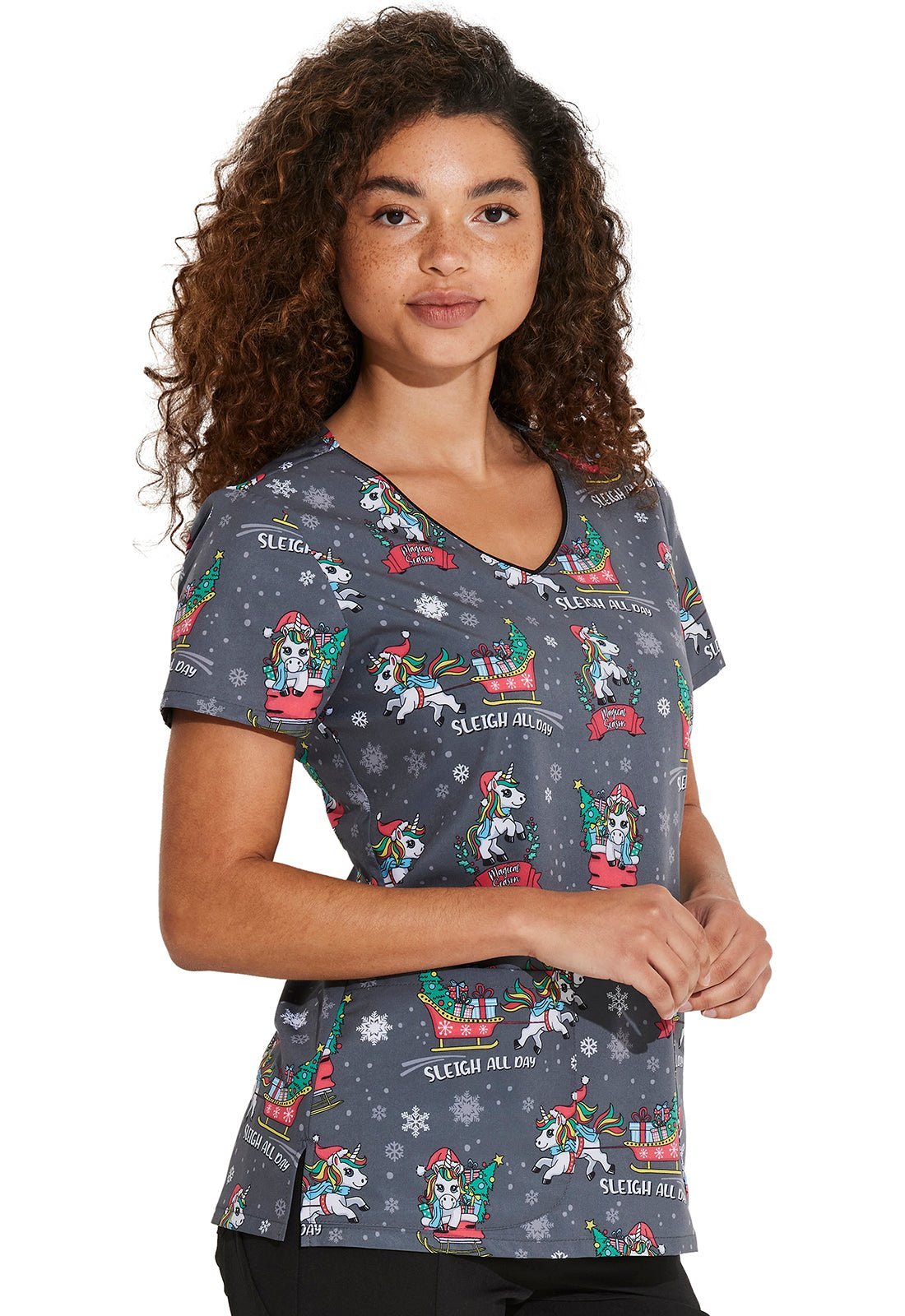 Sleigh All Day Magic Dickies EDS Christmas Unicorn Print V Neck Scrub Top DK852 SGDM - Scrubs Select