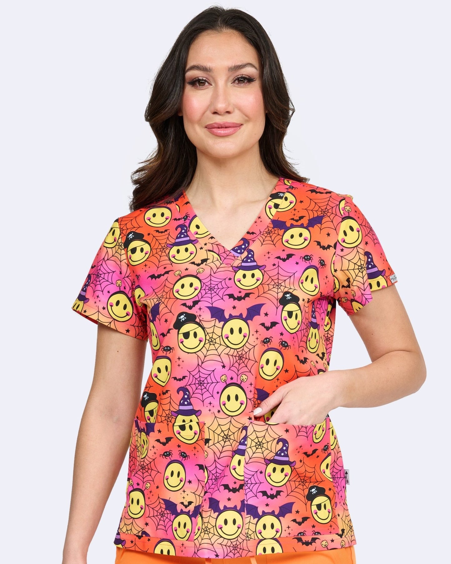 Spooky Smiles Zavate Halloween Print Scrubs V Neck Top 1054 SPOS - Scrubs Select