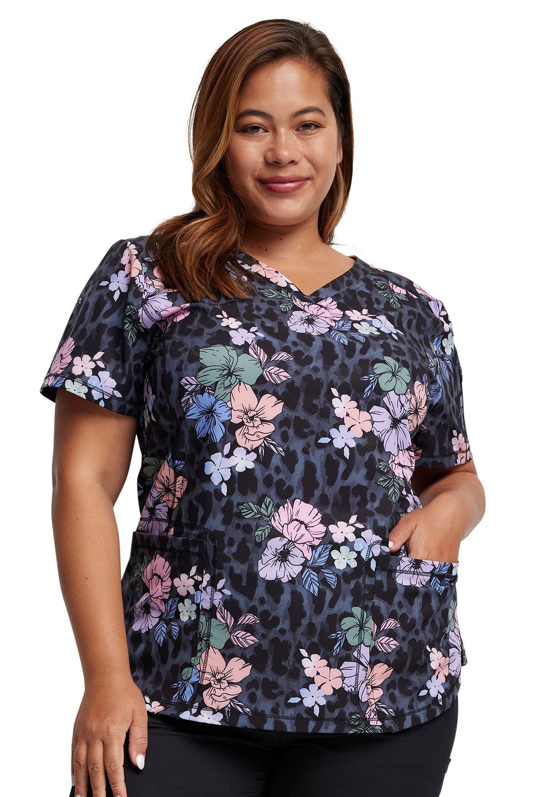 Wild Topics Dickies Dynamix Floral Print V Neck Scrub Top DK731 WDTP - Scrubs Select