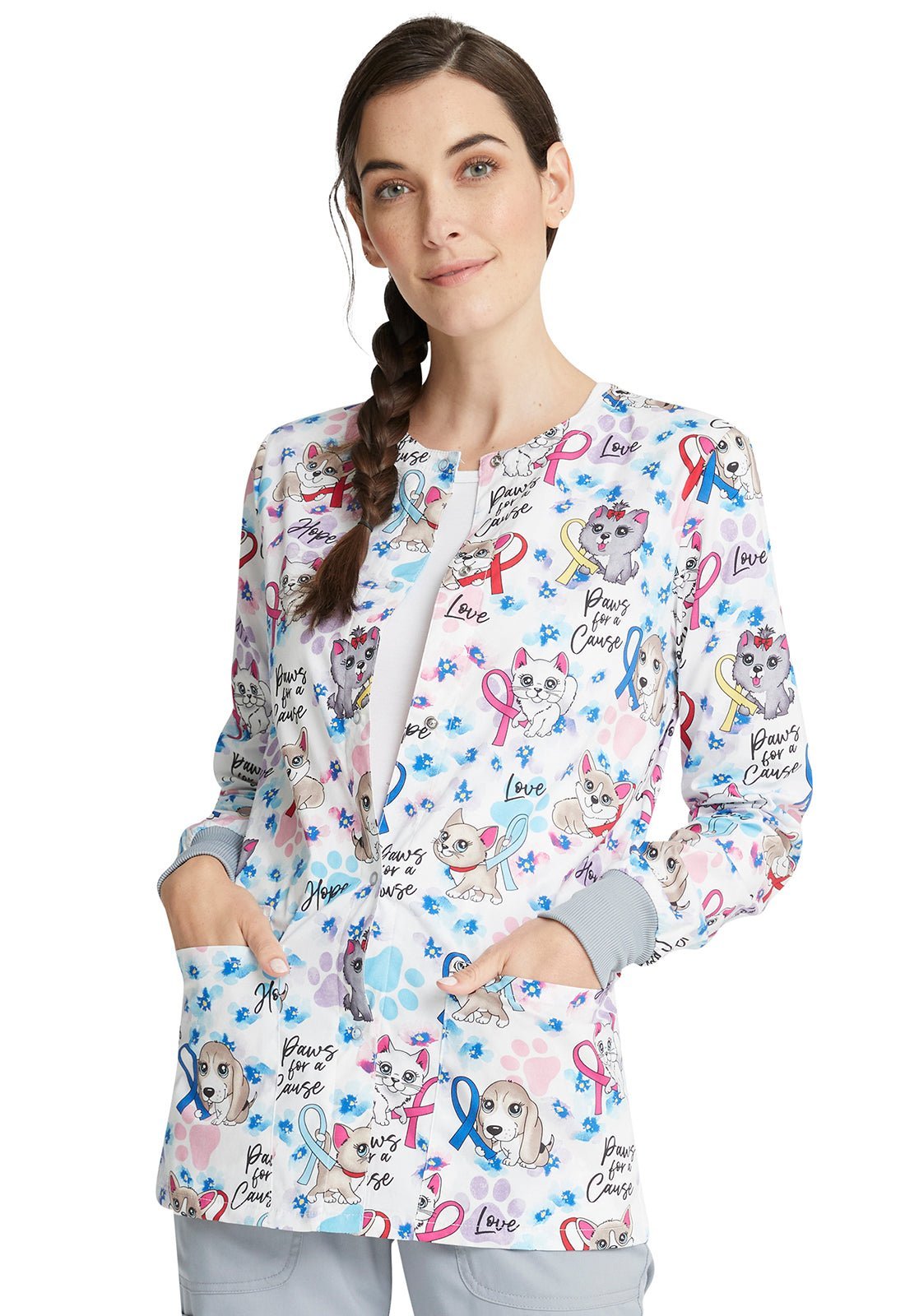 All Awareness Cherokee Dogs Cats Cherokee Print Warm Up Scrub Jacket CK301 PWFC - Scrubs Select