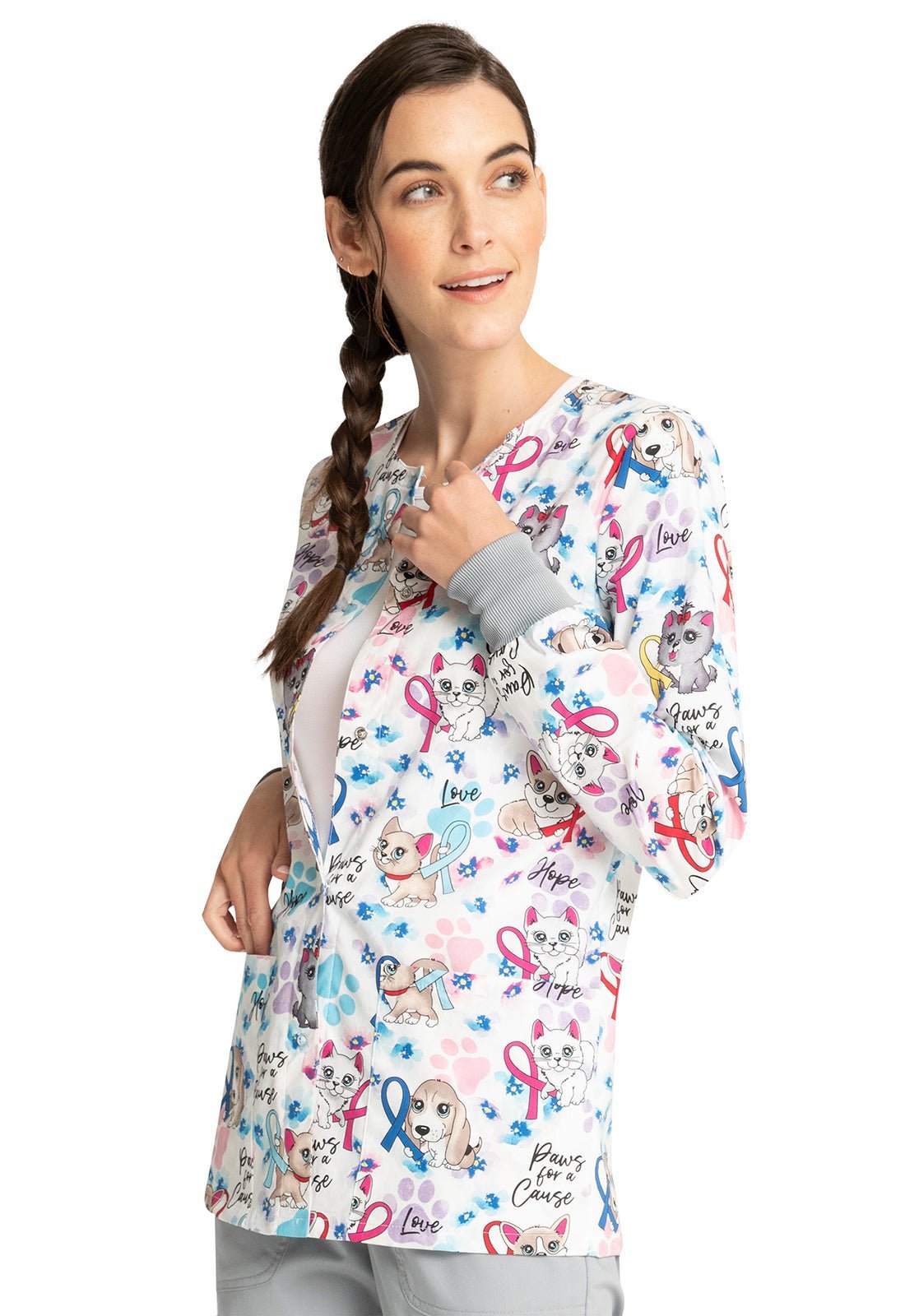 All Awareness Cherokee Dogs Cats Cherokee Print Warm Up Scrub Jacket CK301 PWFC - Scrubs Select