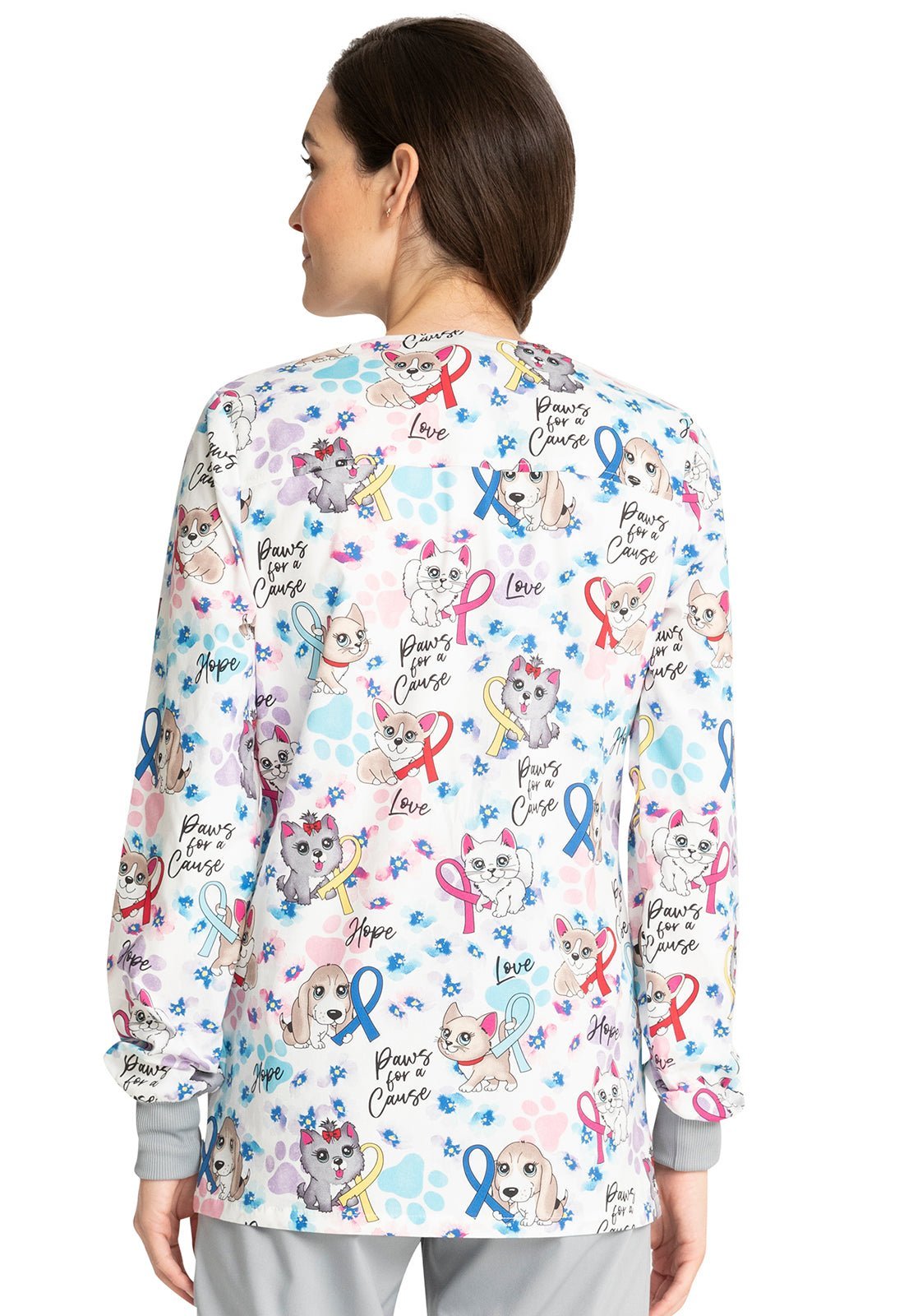 All Awareness Cherokee Dogs Cats Cherokee Print Warm Up Scrub Jacket CK301 PWFC - Scrubs Select