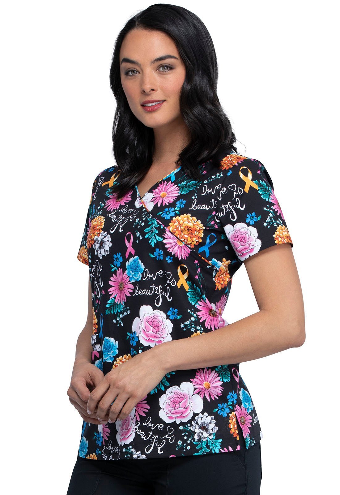 All Awareness Cherokee Print Mock Wrap Scrub Top CK614 LVBA - Scrubs Select