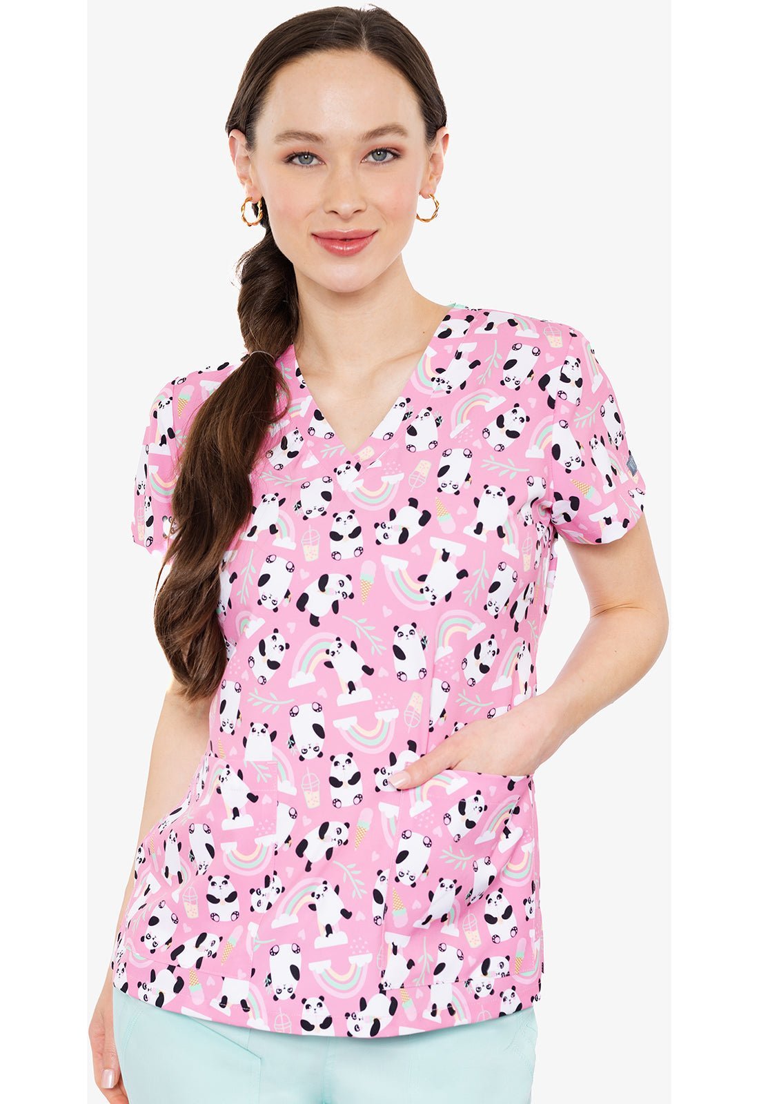 Boba Pandas Med Couture Print V Neck Scrub Top MC8564 BBPA - Scrubs Select
