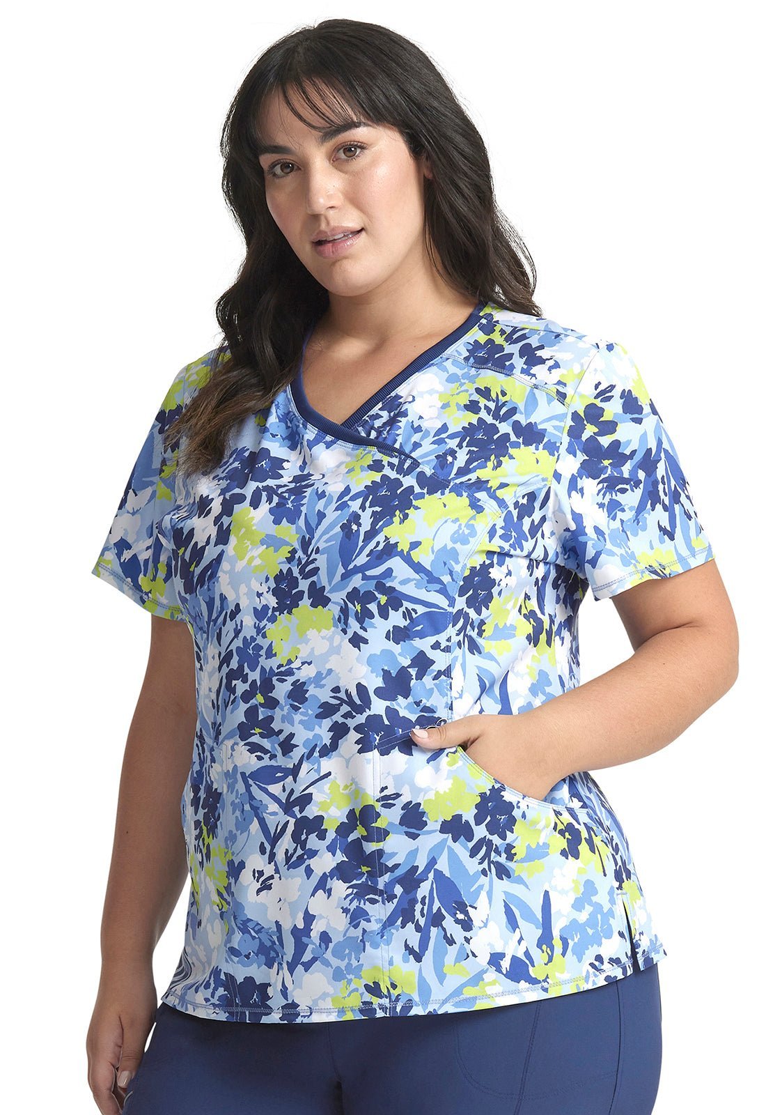 Brushstroke Buds Cherokee Infinity Floral Print Mock Wrap Scrub Top CK608 BHBD - Scrubs Select