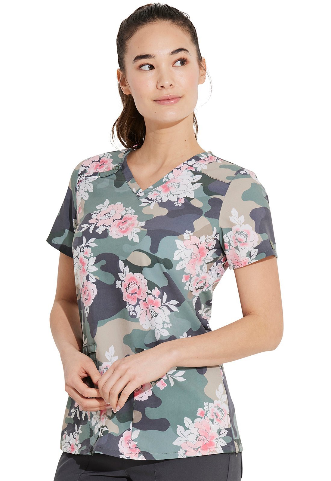 Camo's Abloom Dickies Floral Print V Neck Scrub Top DK616 CLBM - Scrubs Select