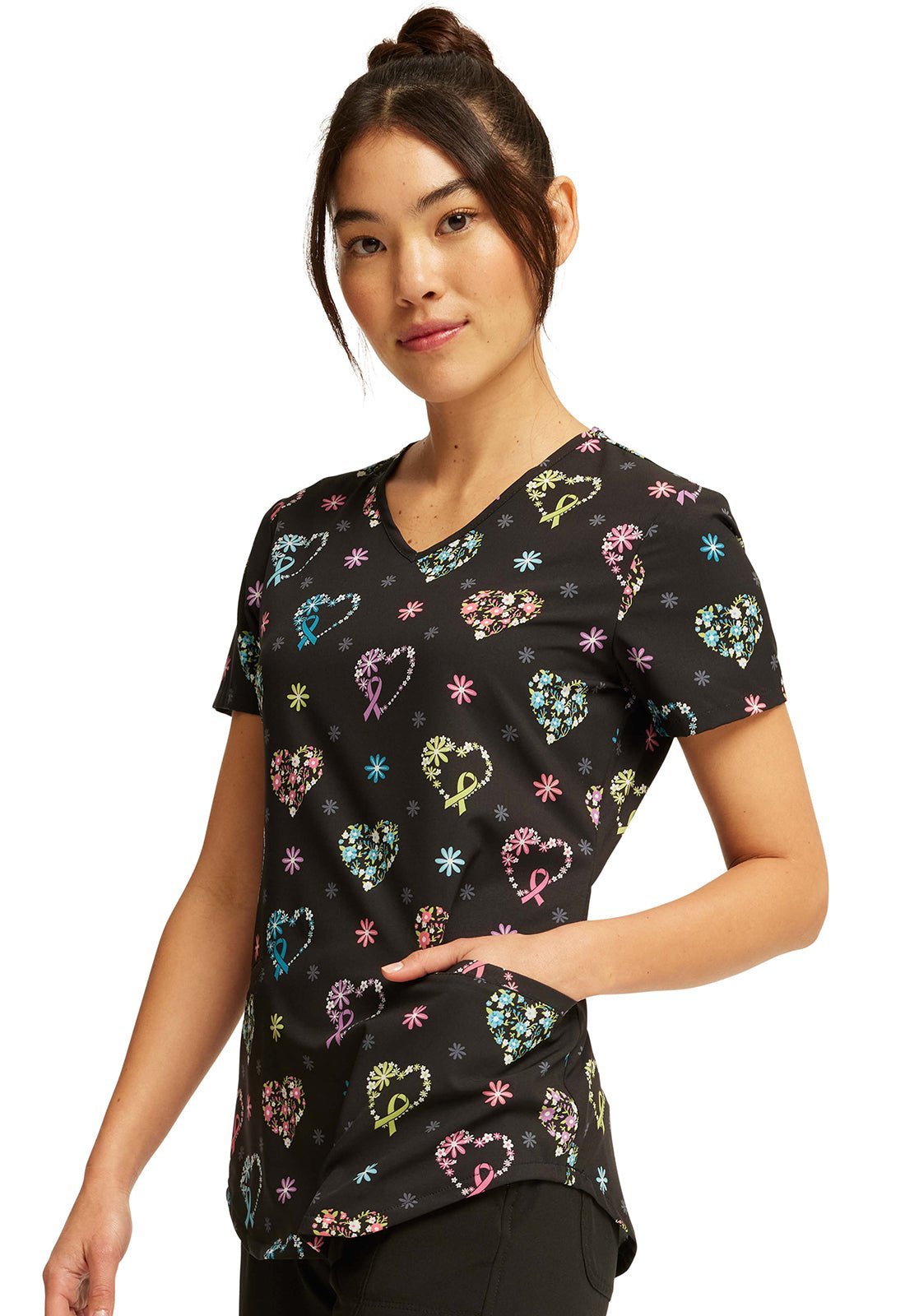 Care Flor - All Cherokee All Awareness Print V Neck Scrub Top CK637 CRFO - Scrubs Select