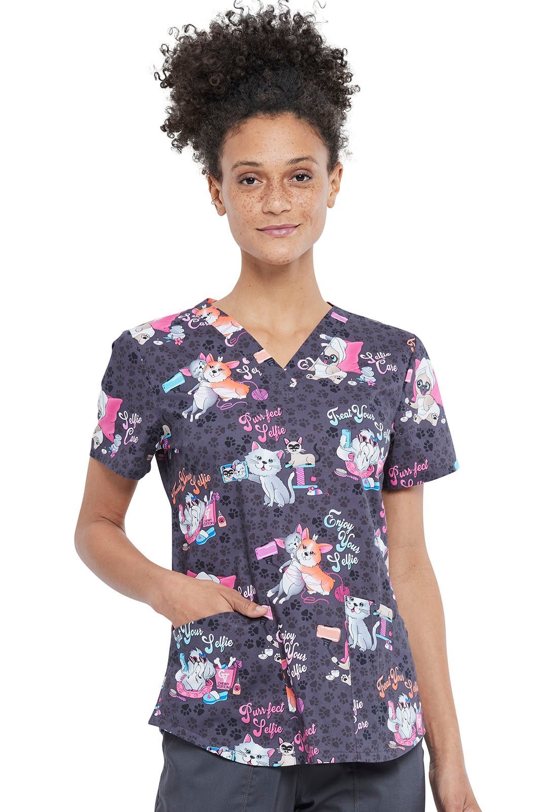 Cat and Dog Cherokee Print V Neck Scrub Top CK652 SFEC - Scrubs Select