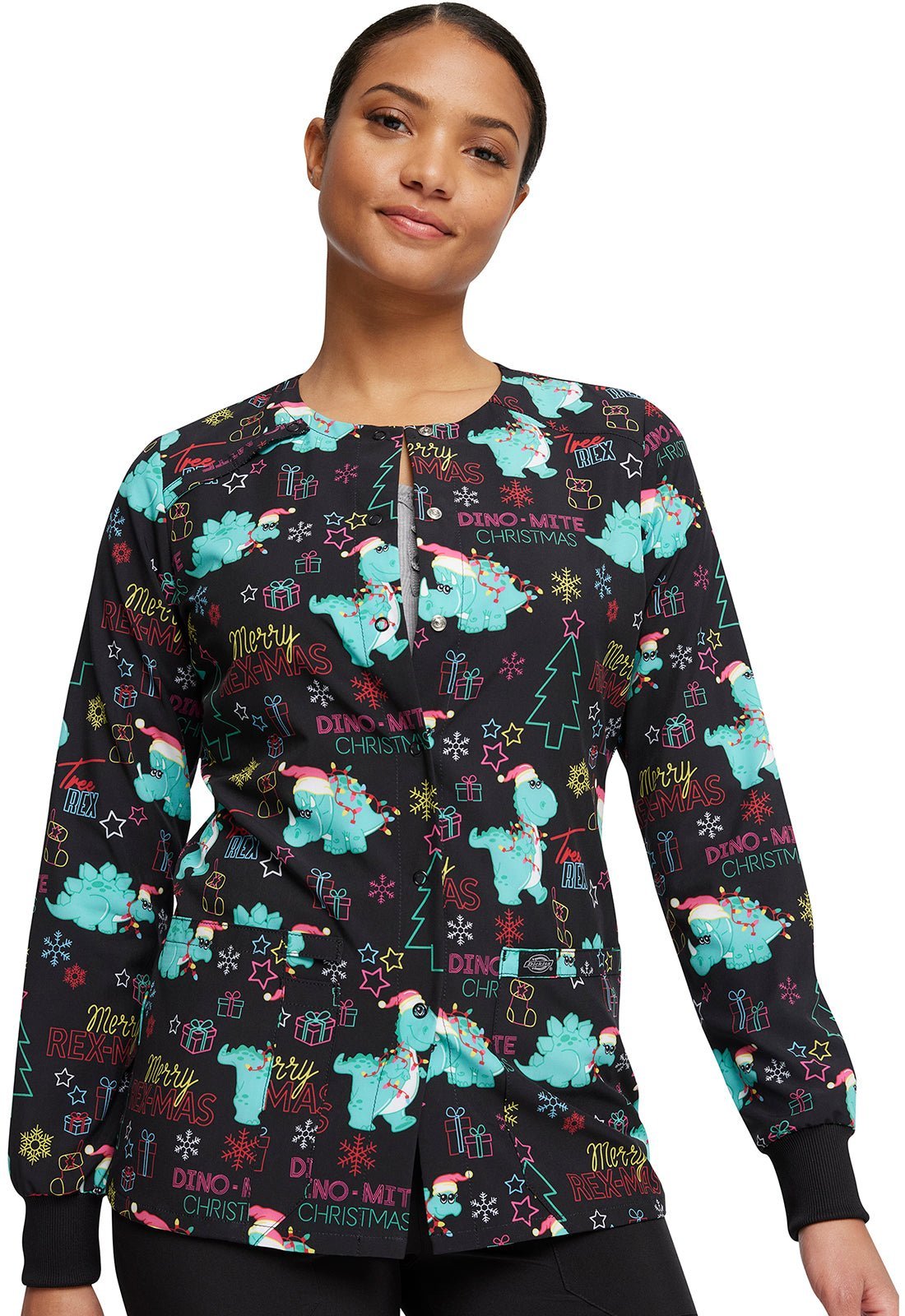 Dinosaur Dickies Christmas EDS Snap Front Scrub Jacket DK309 MRRX - Scrubs Select
