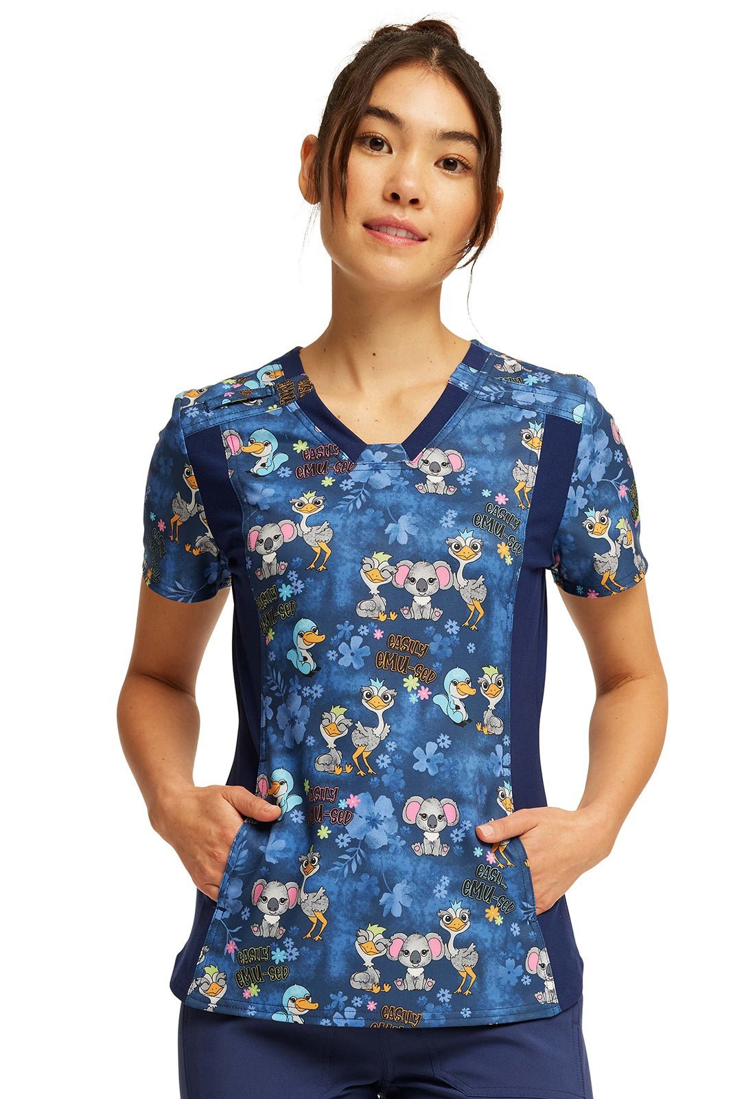 Easily Emu - sed Cherokee iFlex Animal Print V Neck Knit Panel Scrub Top CK641 EMUS - Scrubs Select
