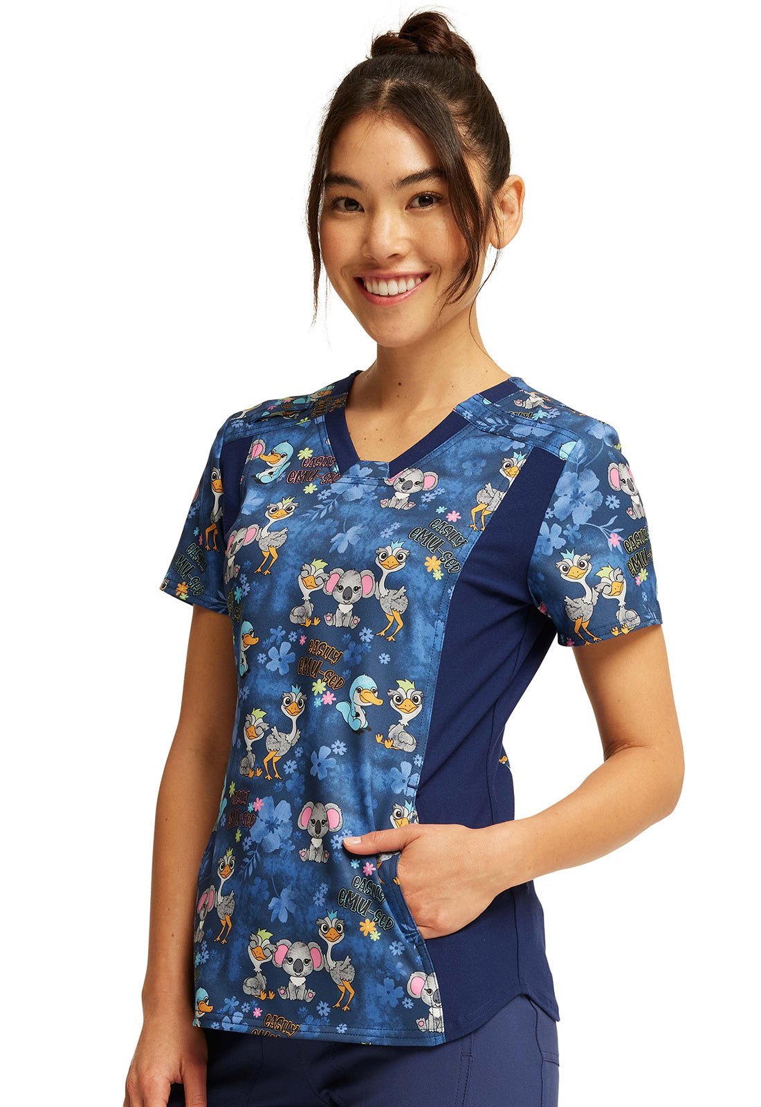 Easily Emu - sed Cherokee iFlex Animal Print V Neck Knit Panel Scrub Top CK641 EMUS - Scrubs Select