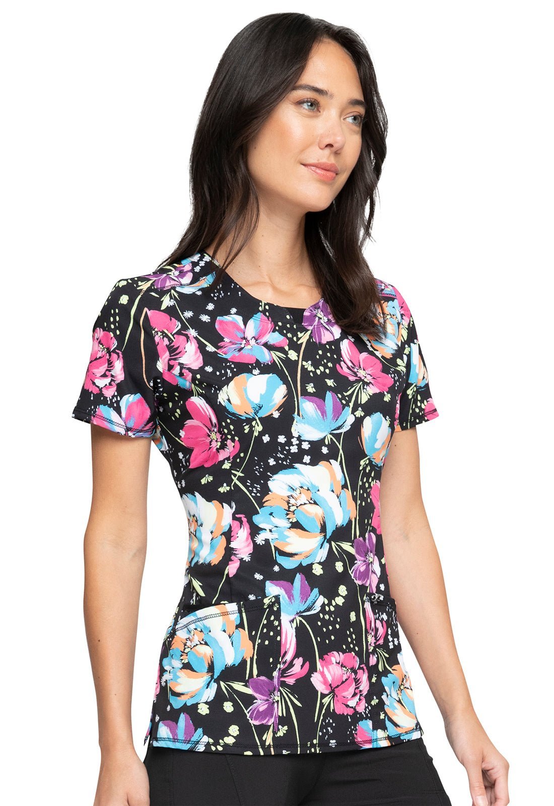 Floral Cherokee Print Round Neck Scrub Top CK609 PDPT - Scrubs Select