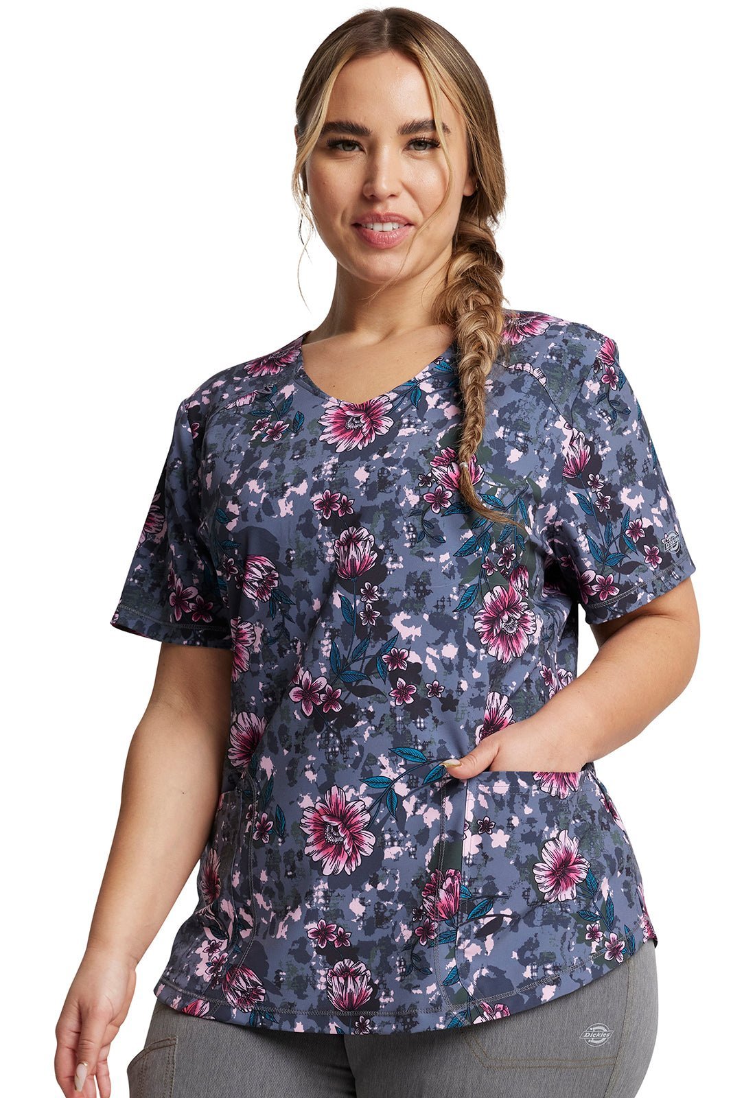 Floral Dickies Dynamix Print V Neck Scrub Top DK623 FGAI - Scrubs Select