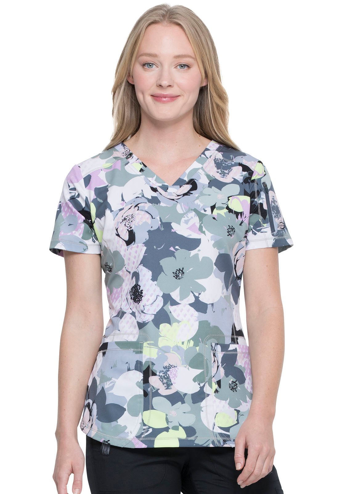 Floral Print Dickies Dynamix V Neck Scrub Top DK731 GRGO - Scrubs Select