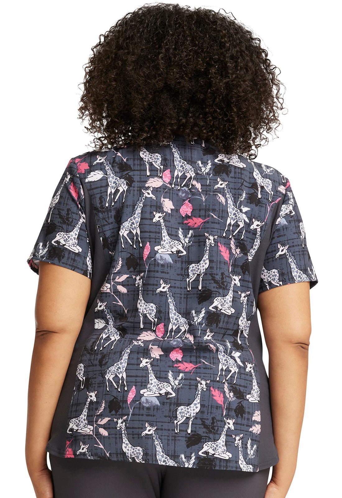 Giraffe Cherokee iFlex Print V Neck Knit Panel Scrub Top CK641 GFML - Scrubs Select