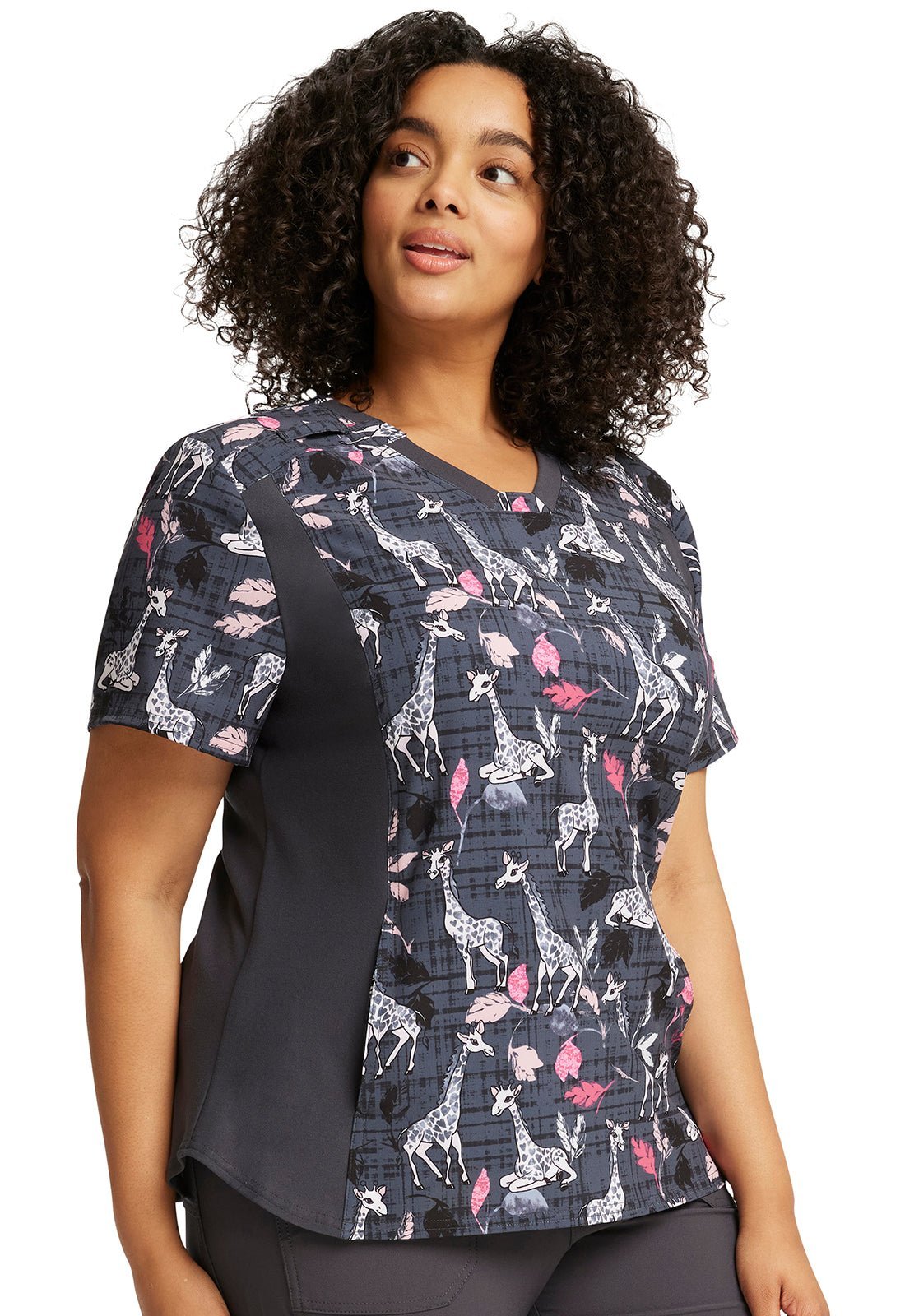 Giraffe Cherokee iFlex Print V Neck Knit Panel Scrub Top CK641 GFML - Scrubs Select