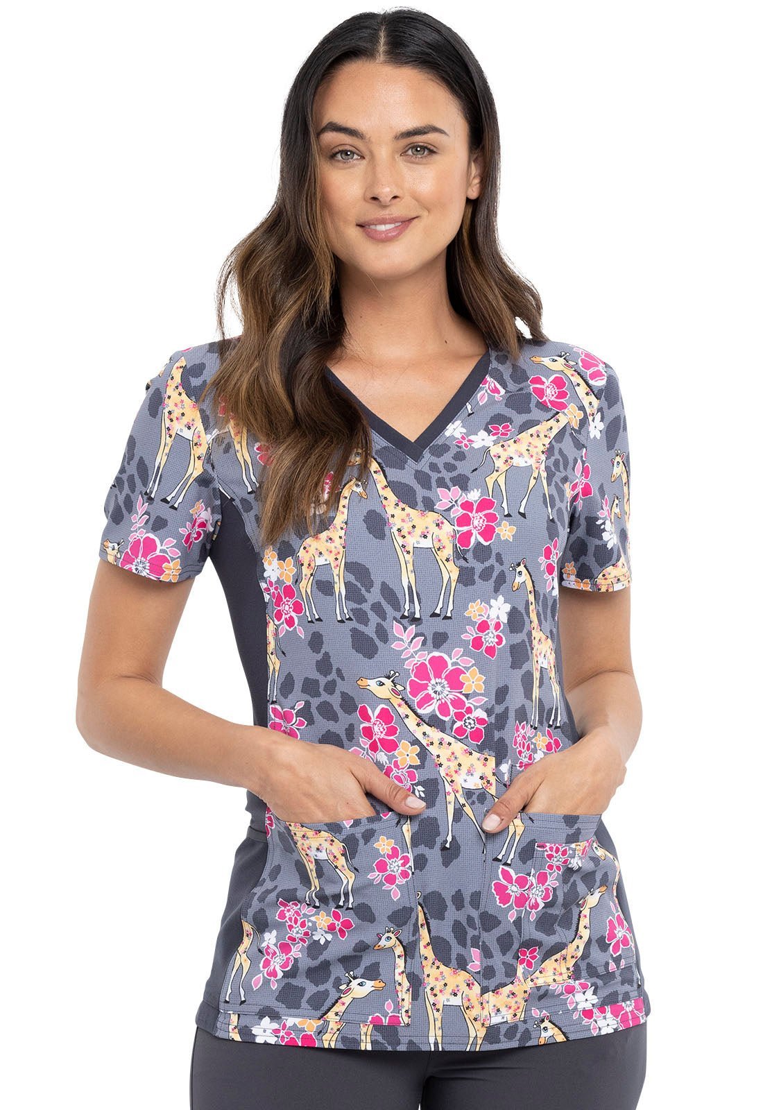 Giraffe Print Cherokee iFlex V Neck Knit Panel Scrub Top CK636 SPIW - Scrubs Select