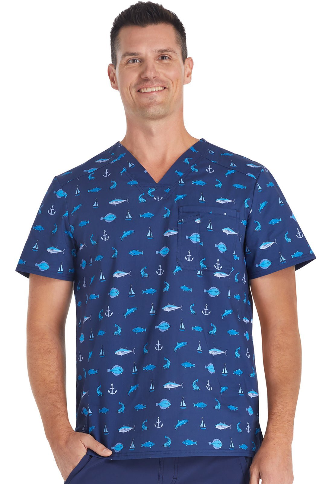 Gone Fishin Cherokee Scrubs Men's V Neck Top CK692 GNFS - Scrubs Select