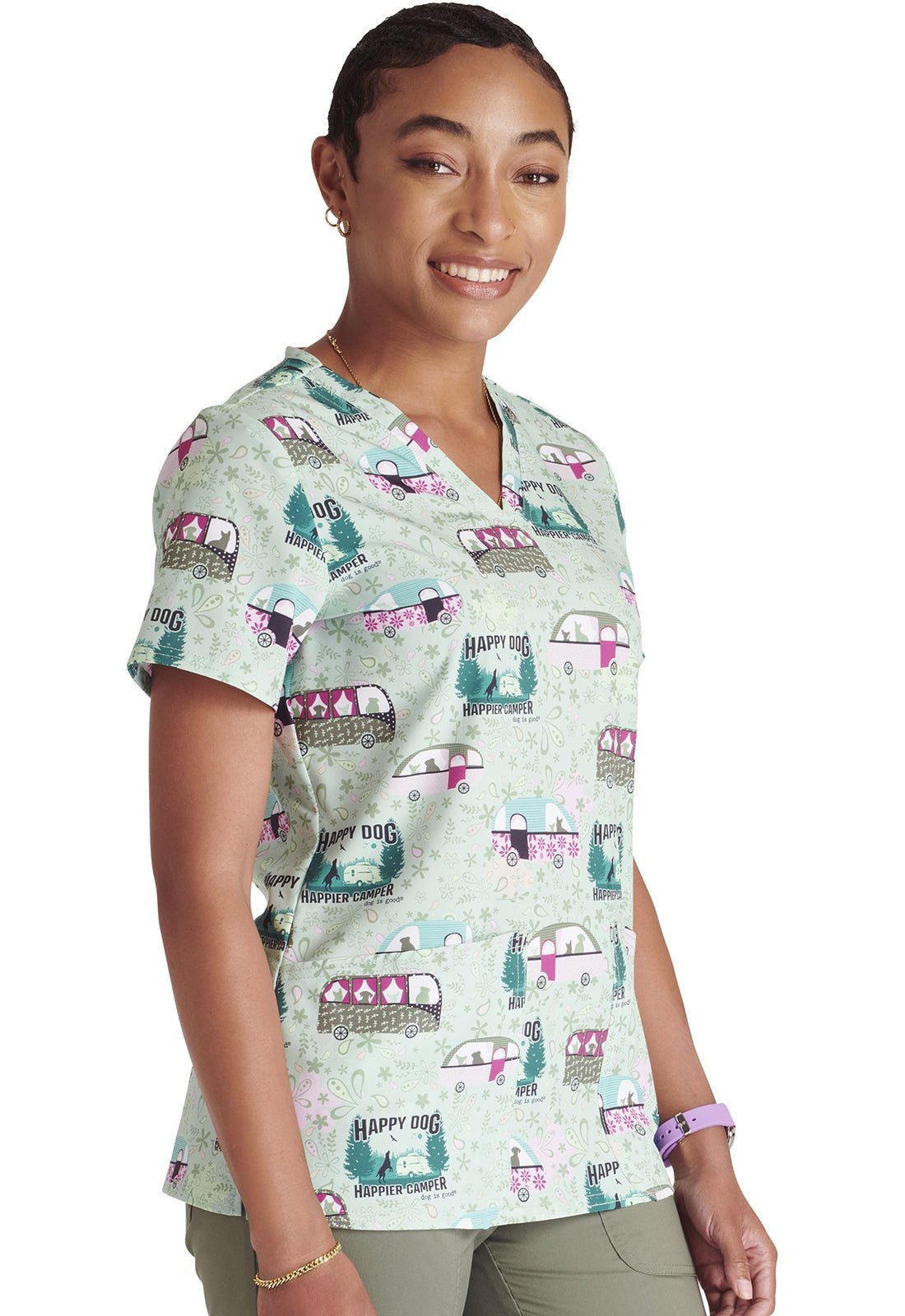 Happy Dog Cherokee Tooniforms Dog Is Good V Neck Scrub Top TF738 OGHC - Scrubs Select