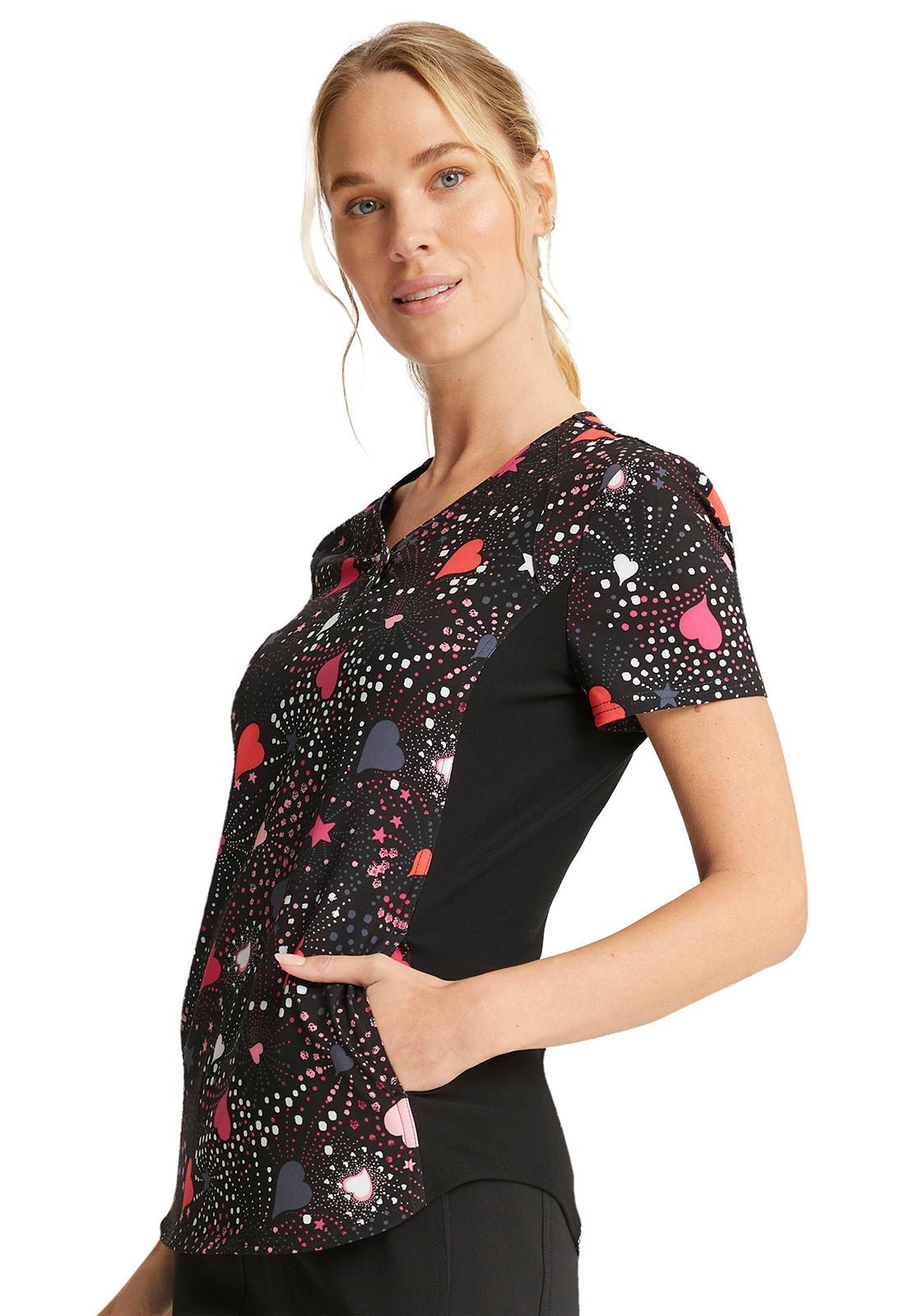 Heart Star Cherokee iflex Print V Neck Knit Panel Scrub Top CK732 BWLV - Scrubs Select