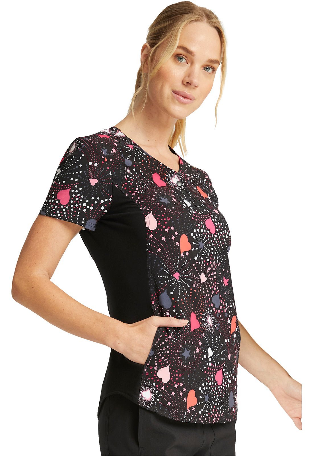 Heart Star Cherokee iflex Print V Neck Knit Panel Scrub Top CK732 BWLV - Scrubs Select