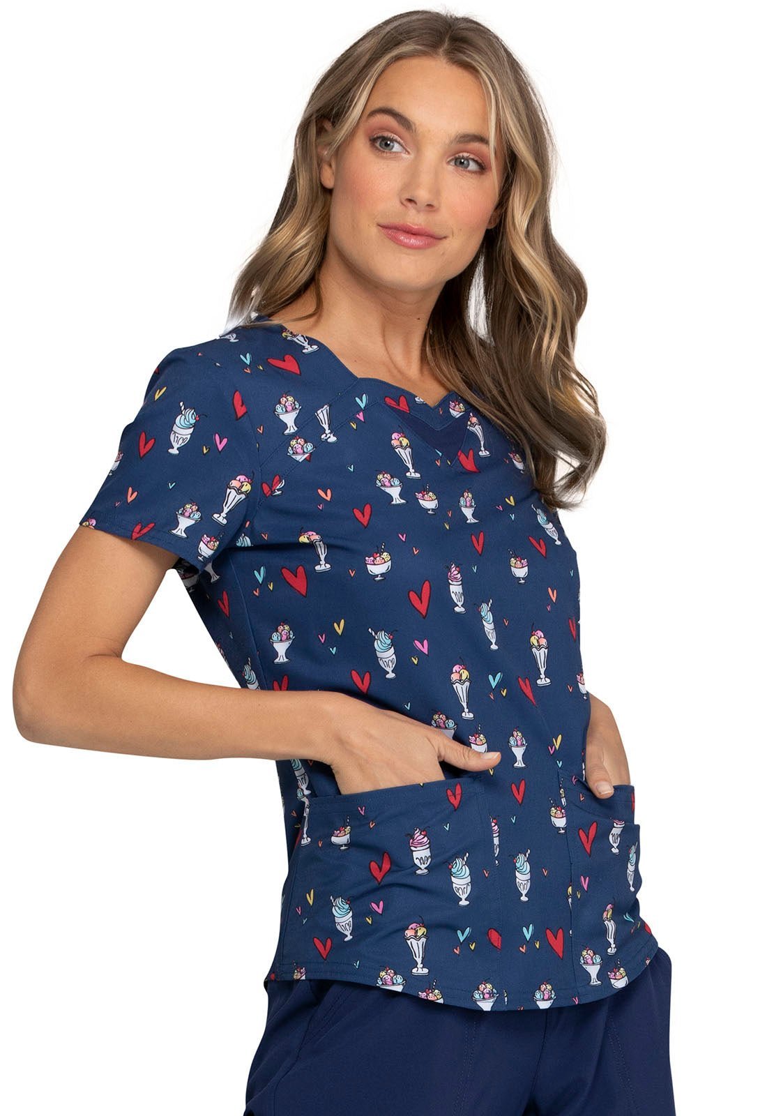 Ice Cream Print Sweetheart Neck Scrub Top HS616 HESG - Scrubs Select