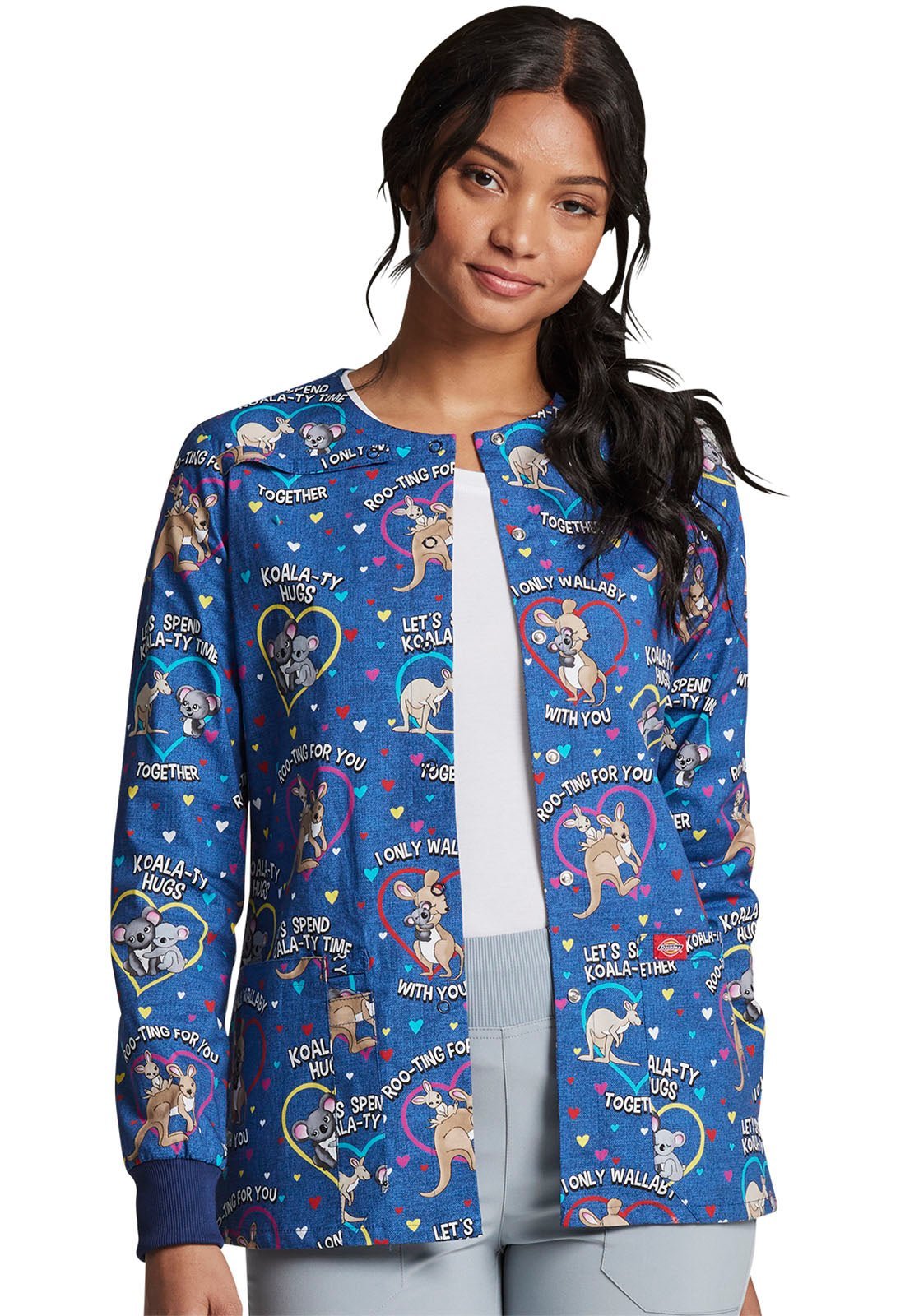 Kangaroo Wallaby Dickies Print Snap Front Scrub Jacket DK306 RTFU - Scrubs Select