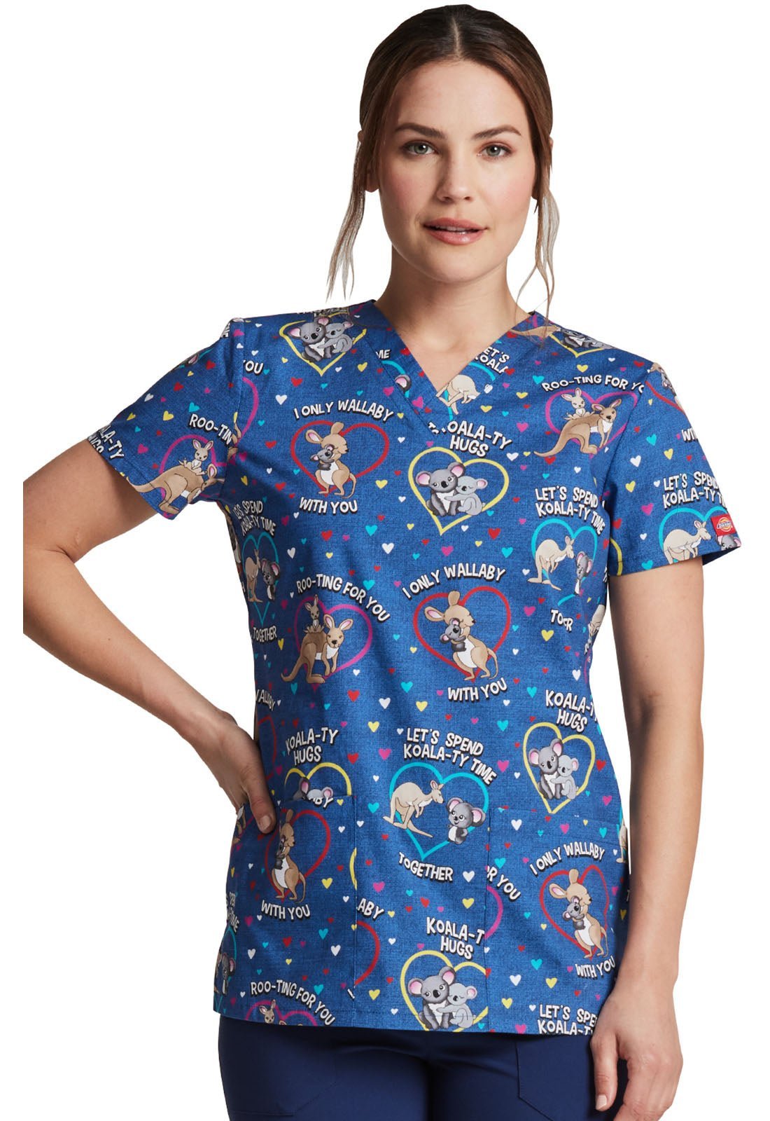 Kangaroo Wallaby Print Dickies EDS V Neck Scrub Top DK704 RTFU - Scrubs Select