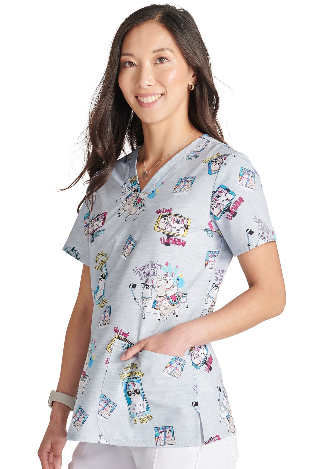 Llama Take A Selfie Cherokee Print V Neck Scrub Top CK671 LESF - Scrubs Select