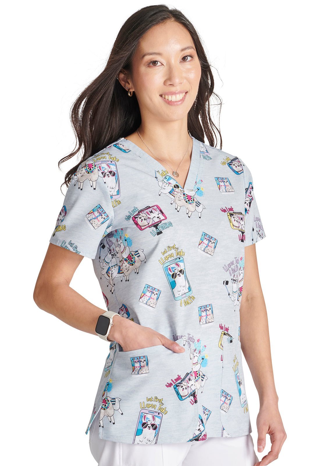 Llama Take A Selfie Cherokee Print V Neck Scrub Top CK671 LESF - Scrubs Select