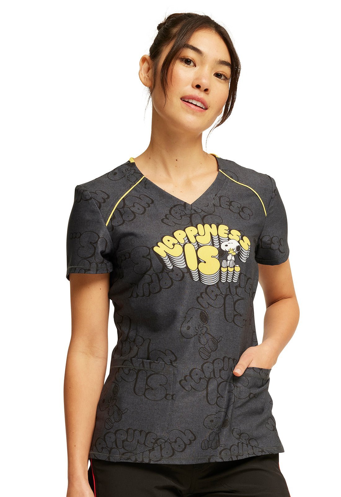 Make Me Happy Cherokee Peanuts Snoopy Infinity Print V Neck Scrub Top CK713 PNAY - Scrubs Select