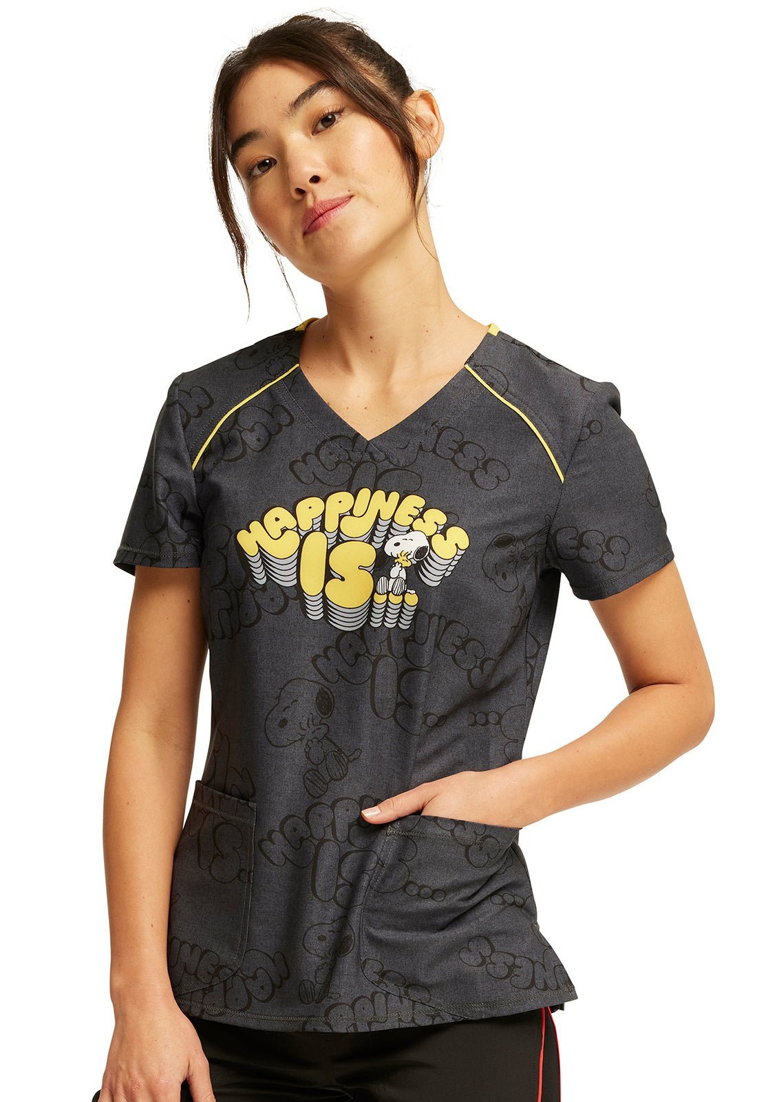 Make Me Happy Cherokee Peanuts Snoopy Infinity Print V Neck Scrub Top CK713 PNAY - Scrubs Select