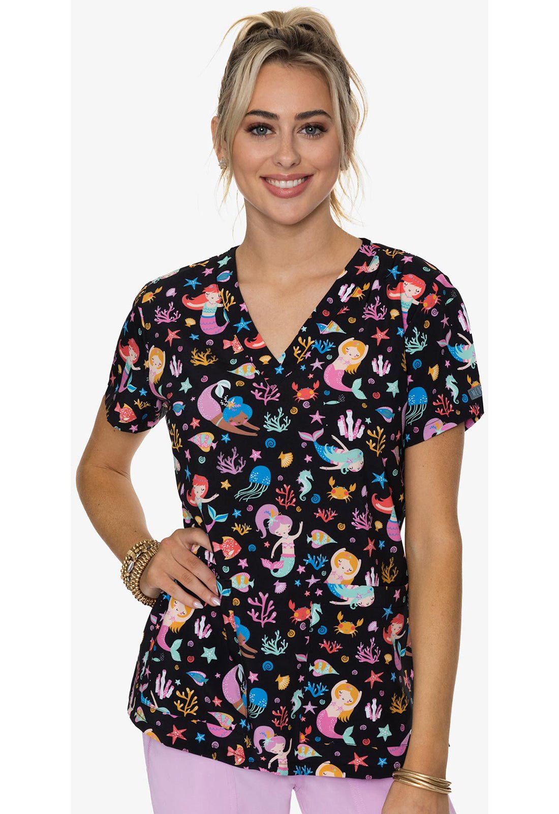 Mermaid Party Med Couture Print V Neck Scrub Top MC8564 MMPT