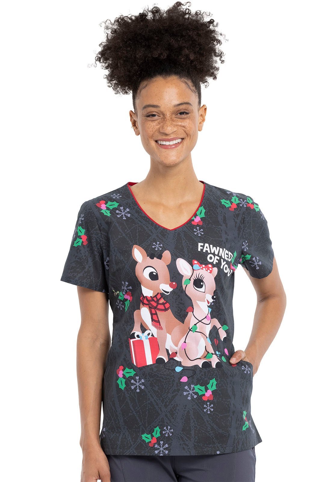 Rudolph Tooniforms Licensed Christmas V Neck Scrub Top TF626 RUVM - Scrubs Select