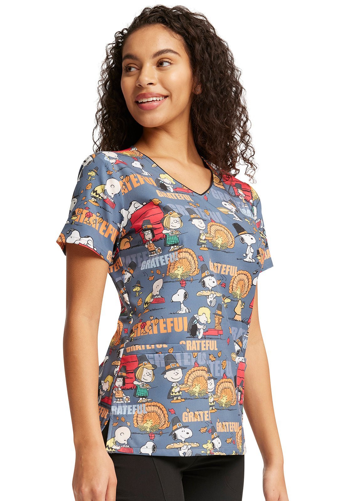 Snoopy Tooniforms Licensed Peanuts Thanksgiving V Neck Scrub Top TF614 PNRT - Scrubs Select
