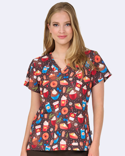 Feels Like Fall Zavate Print Scrub V Neck Top 1054 FEFL