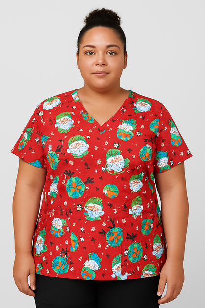 Festive Funk Zavate Print Christmas Scrub V Neck Top 1054 FEFU